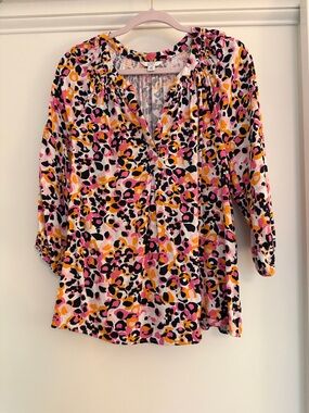 crown & ivy Pink, Yellow & Black Leopard Print Peasant Blouse